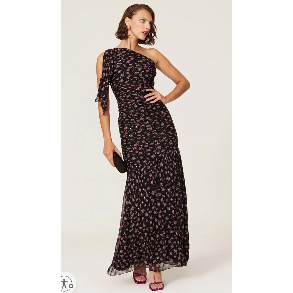 Shoshanna Vivine Tossed Black Chiffon Rose Gown